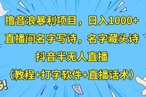 撸音浪暴利项目，日入1000+，直播间名字写诗，名字藏头诗，抖音半无人直播（教程+打字软件+直播话术）【揭秘】