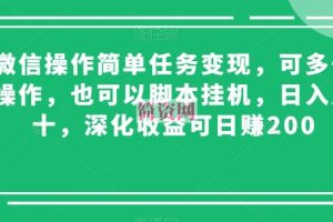 微信操作简单任务变现，可多号操作，也可以脚本挂机，日入几十，深化收益可日赚200【揭秘】